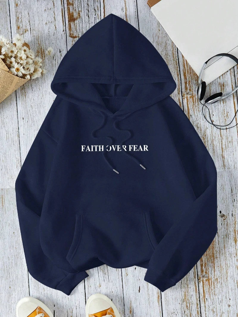 Casual Hoodies Faith Over Fear Letter Printing Sweatshirts Pocket Pullovers