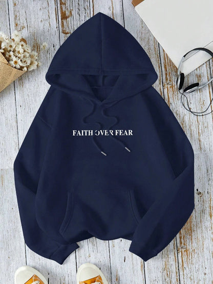 Casual Hoodies Faith Over Fear Letter Printing Sweatshirts Pocket Pullovers