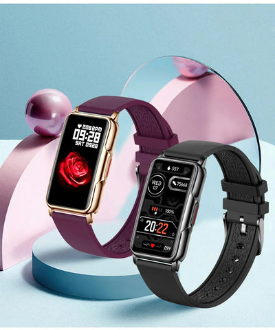 Smart fitness watches with rectangular touchscreens and silicone bands, displayed on modern abstract background.