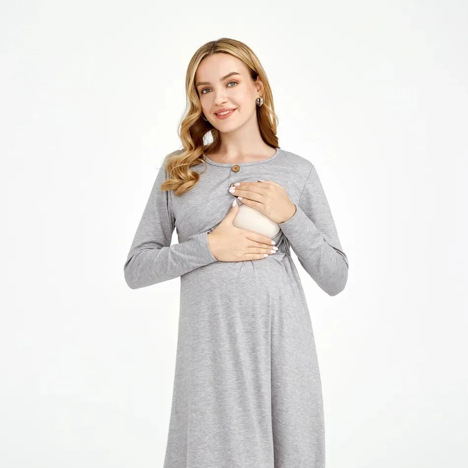 Casual Solid-colored Long-sleeved Maternity Dress