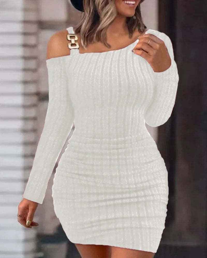Shoulder Long Sleeve Bodycon With Metal Buckle Slim Fit Mini Dress