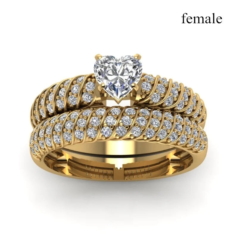 Charm Couple Romantic Heart Rhinestones CZ Rings Set