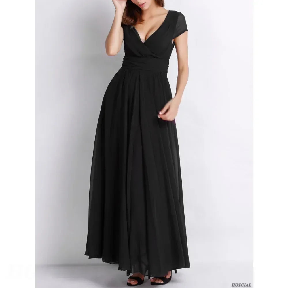 Short Sleeve Long Cocktail Chiffon High Waist Dresses