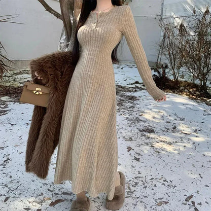 Elegant Slim High Waist Knit Long Sleeve Thick Warm Long Dress