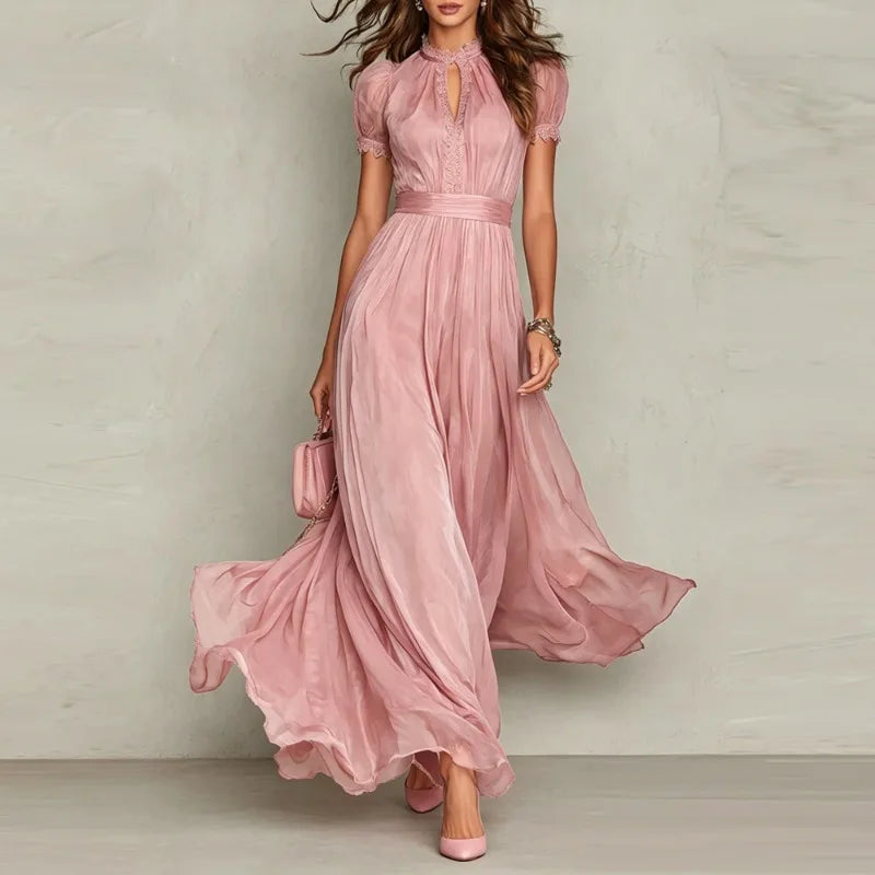 Elegant Chiffon Lace Trim Midi Stand Collar Neck Puff Sleeve Cinched Casual Dresses