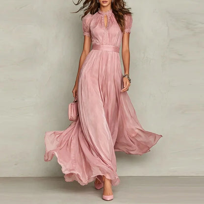 Elegant Chiffon Lace Trim Midi Stand Collar Neck Puff Sleeve Cinched Casual Dresses