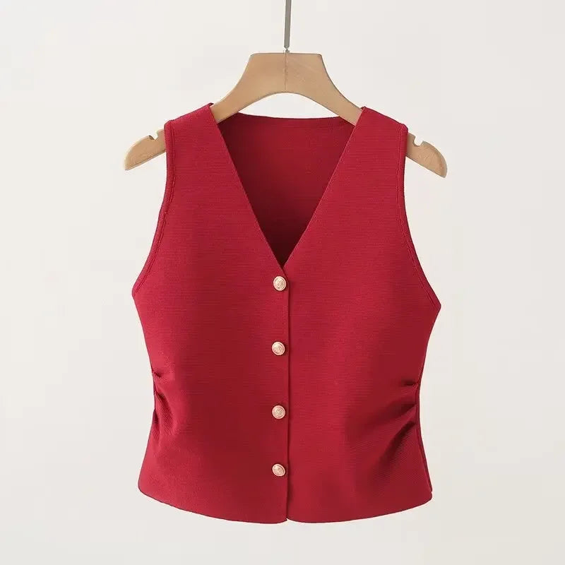 Gold Button Front Vest V-Neck Ruched Waist Sleeveless Knit Jacket