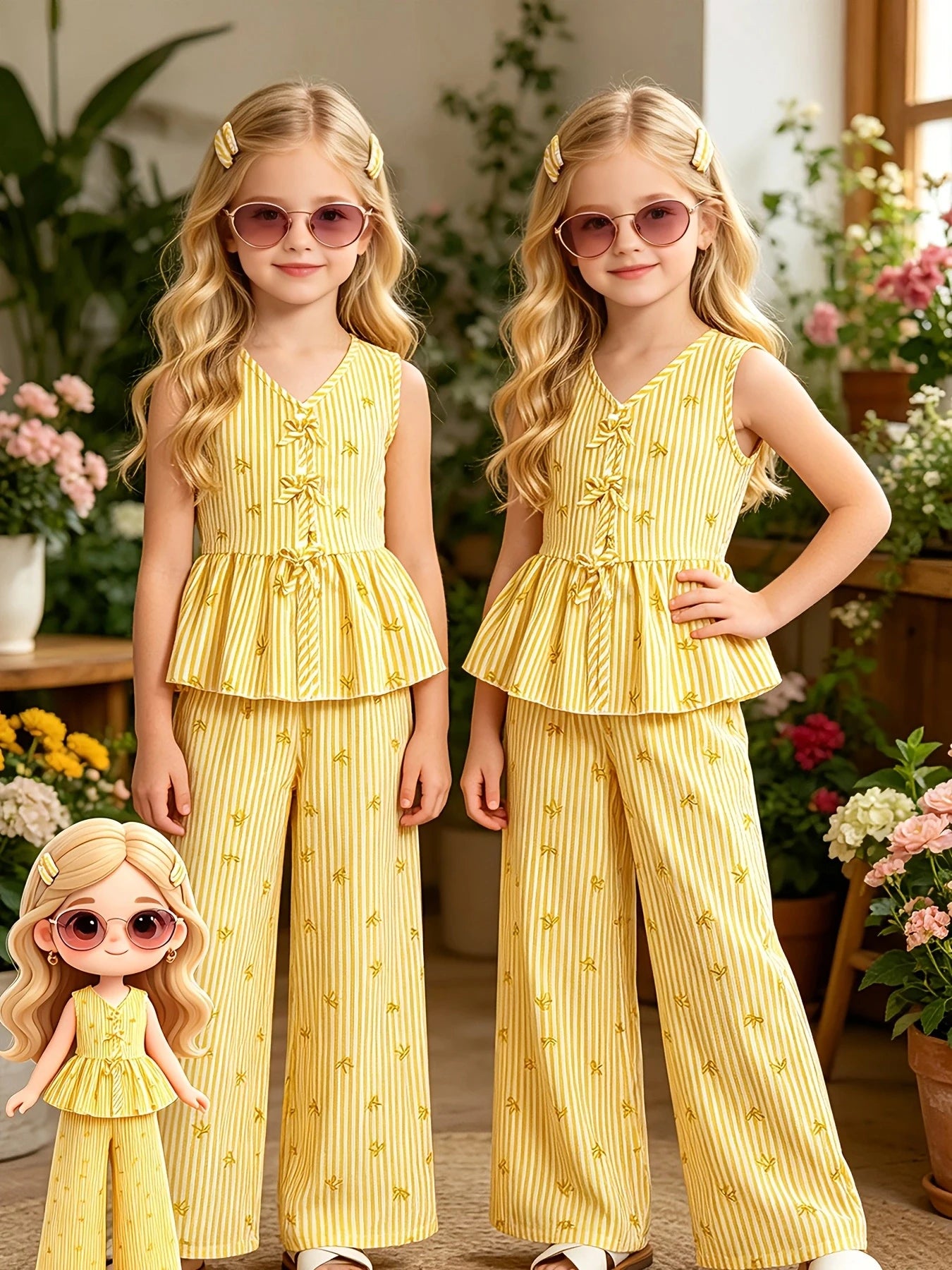 Yellow Vertical Stripe Bow Print V Neck Sleeveless Peplum Set