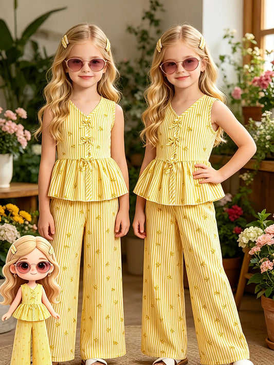 Yellow Vertical Stripe Bow Print V Neck Sleeveless Peplum Set