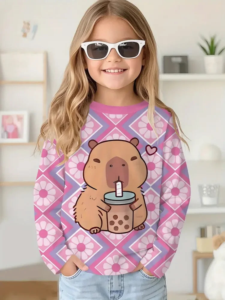 Cartoon Animal Capybala O-Neck Tops Long Sleeve Hoodies