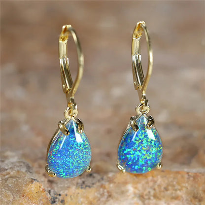White Fire Opal Stone Classic Gold Color Water Drop Earrings