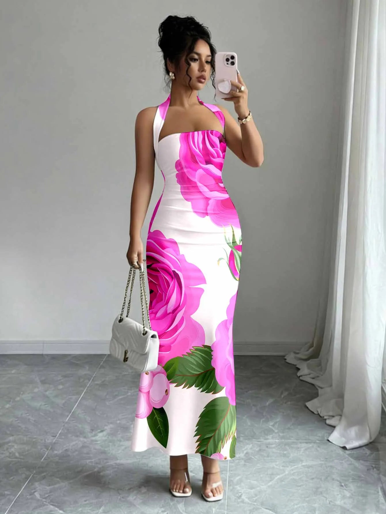 Hip-Hugging Sleeveless Long Collar Flowing Dress