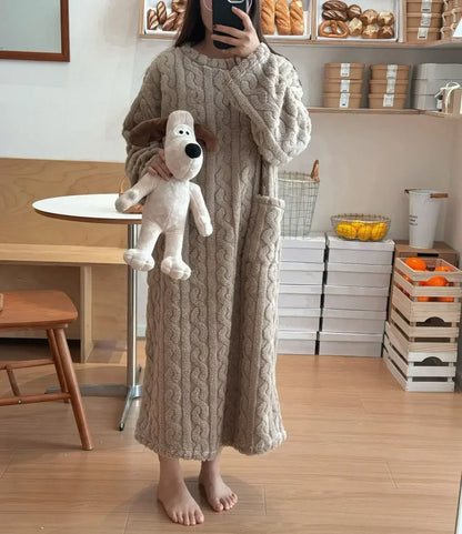 Long Sleeve Double Pocket Thickened Warm Nightdress