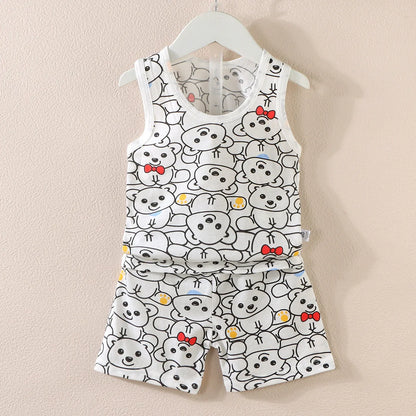 Cartoon Thin Style Sleeveless Baby Pajamas Set