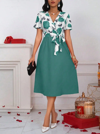 Floral Print V-Neck Tie Waist Midi Dress
