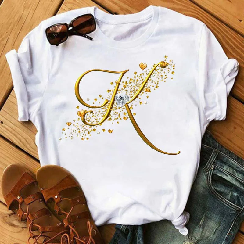 Custom Name Letter Diamond Gold Letter T-shirt