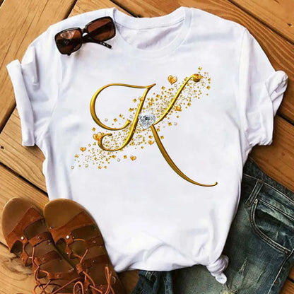 Custom Letter Combination Diamond Gold Letter T-shirt