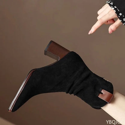 Casual versatile Round Toe shoes Retro Chunky Heel Ankle Boots