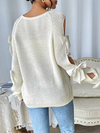 Bow Out Raglan Sleeves Knit Round Neck Minimalist Sweater