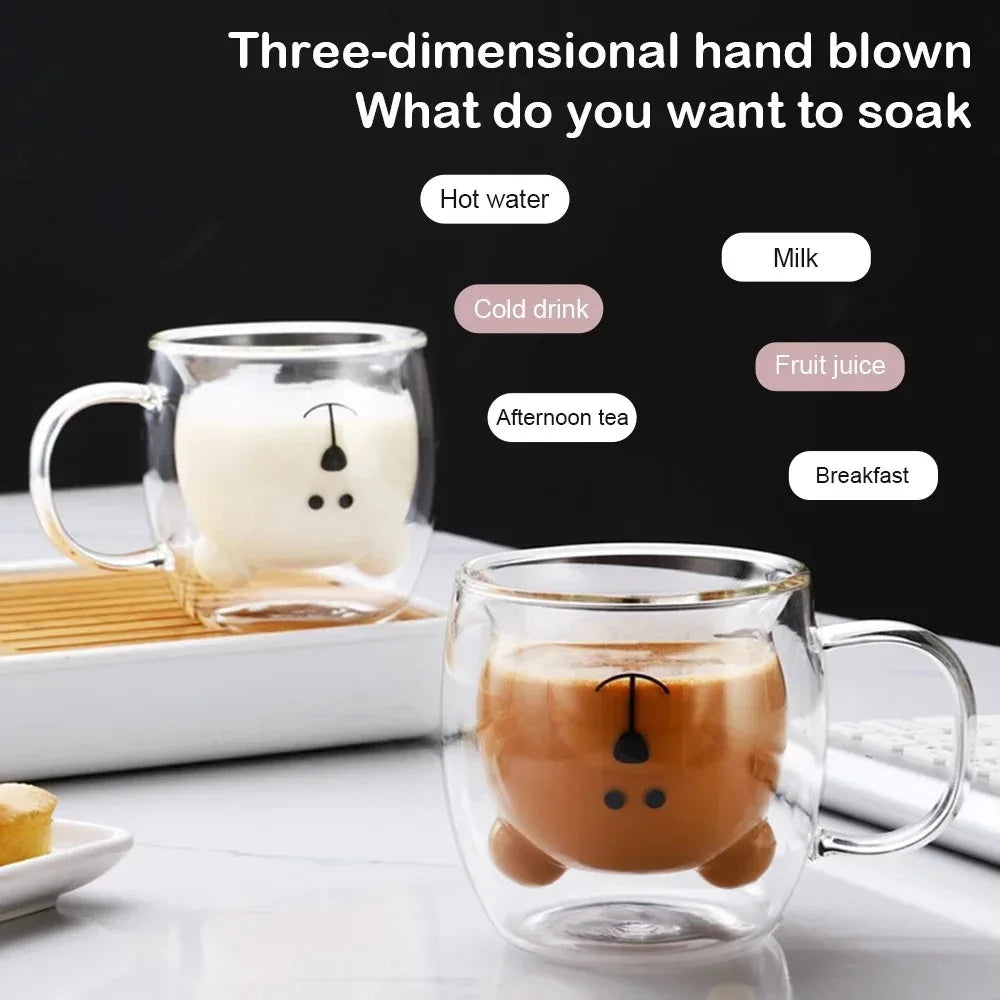 Cute Bear Double-layer Coffee Mug Double Glass Cup with Handle Mug