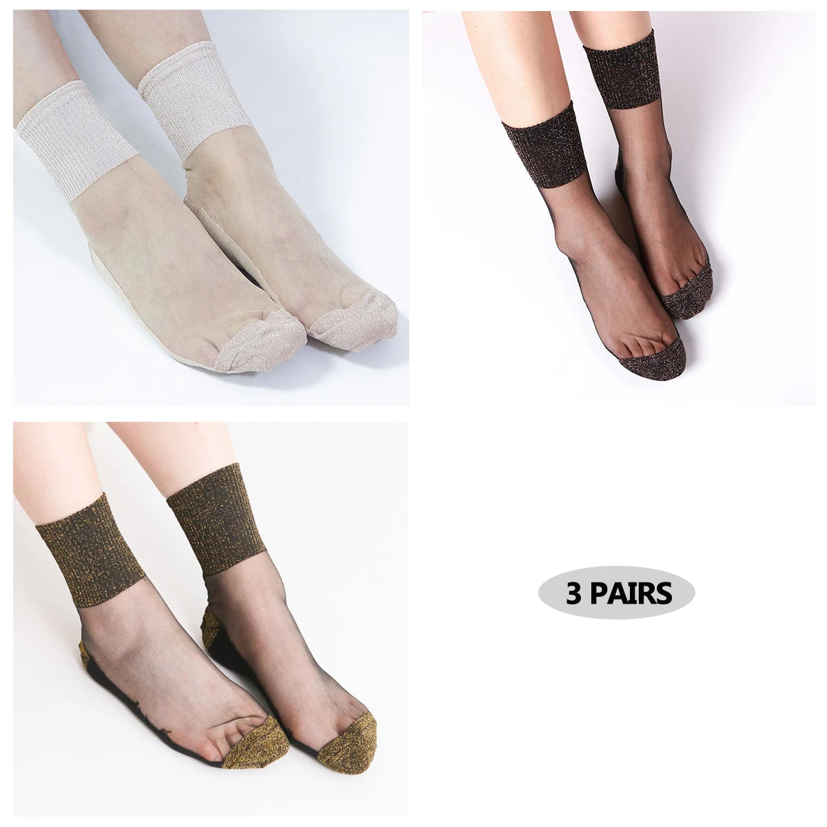 3 Pairs Ultrathin Transparent Glitter Crystal Glass Silk Socks