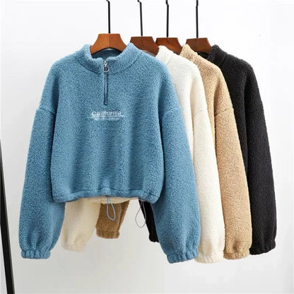 Letter Embroidery Stand Neck Fleece Long Sleeve Pullover
