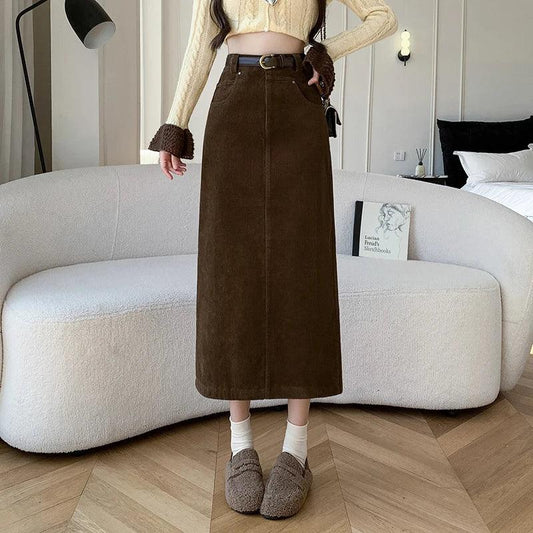 Corduroy Long Skirt Vintage High Waist Wrap Cargo Bodycon Skirts