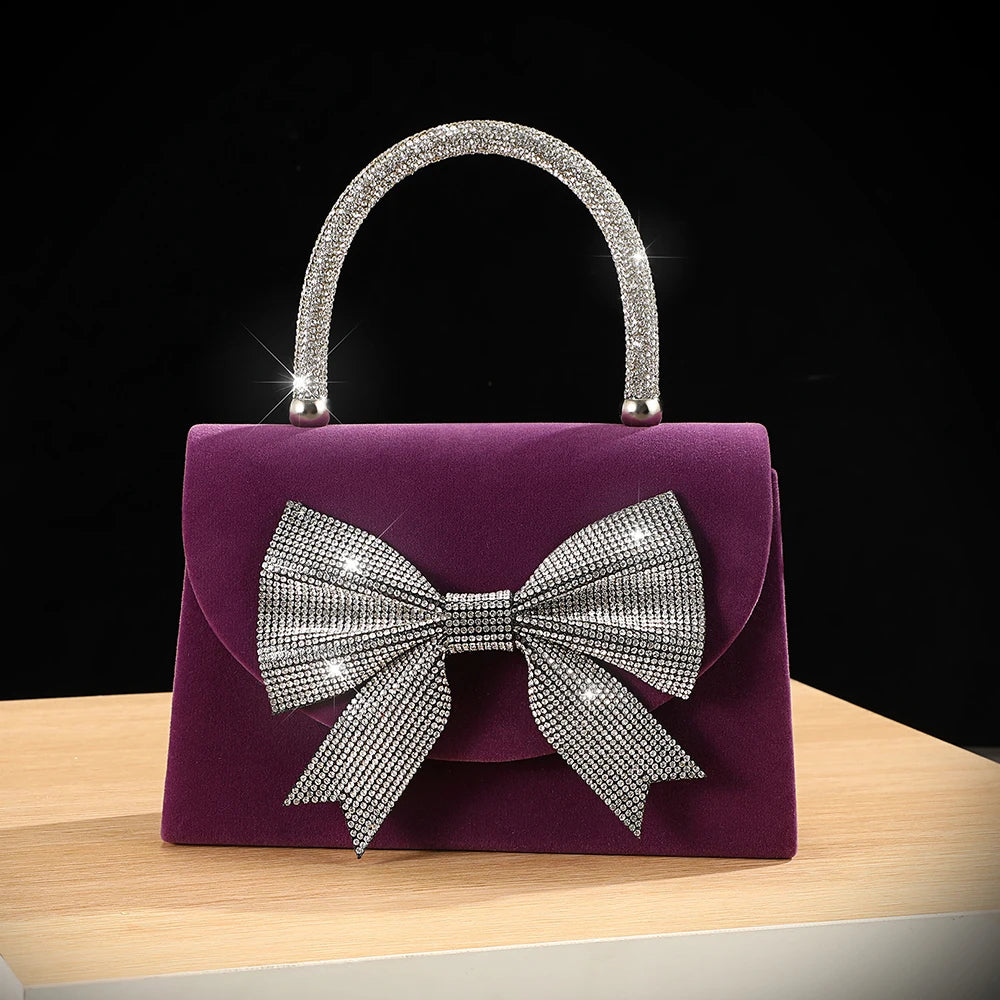 Velvet bow rhinestone handbag luxurious shoulder bag
