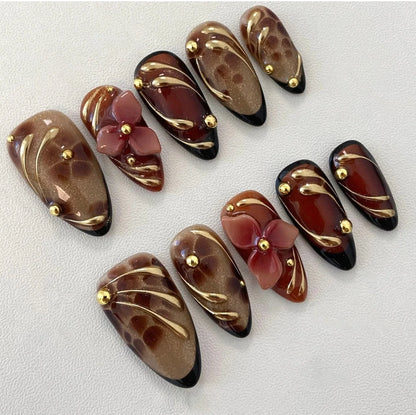 24Pcs Gilded 3D Flower Press on Nails Black French Leopard Print False Nails
