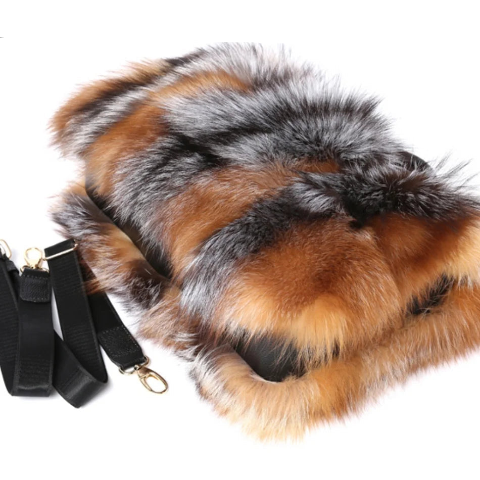 Real Fox Fur Large Size Plush Crossbody Luxury Handbags Fluffy Tote Bag