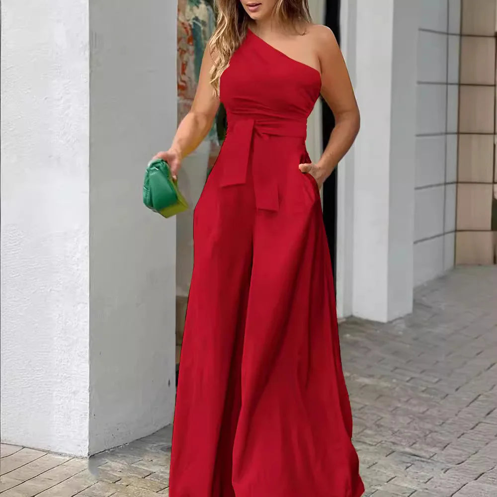 Irregular Off Shoulder Casual High Waist Wide Leg Jumpsuit