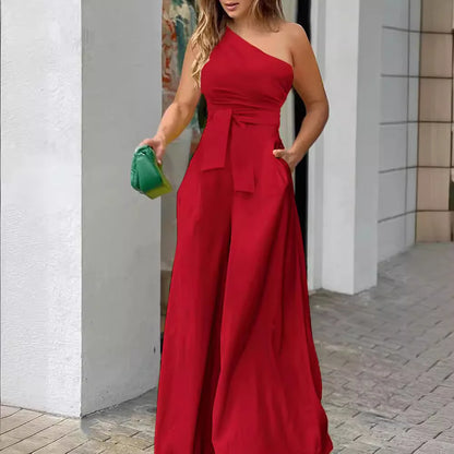 Irregular Off Shoulder Casual High Waist Wide Leg Jumpsuit