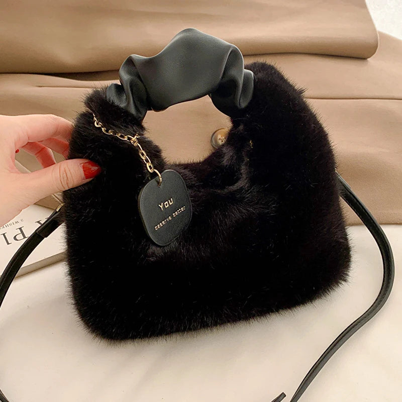 Faux Fur Plush Ruched Handle Small Shoulder Crossbody Bag