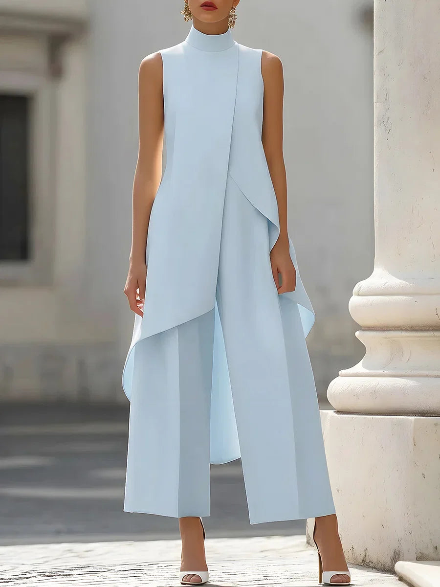 Sleeveless High Neck Jumpsuit With Asymmetric Draped Overlay Wide Leg