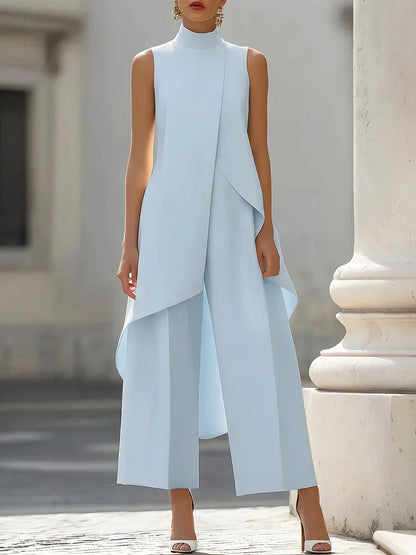 Sleeveless High Neck Jumpsuit With Asymmetric Draped Overlay Wide Leg
