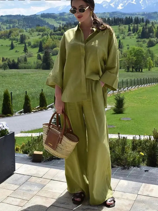 Casual Solid Blouse Pant Sets