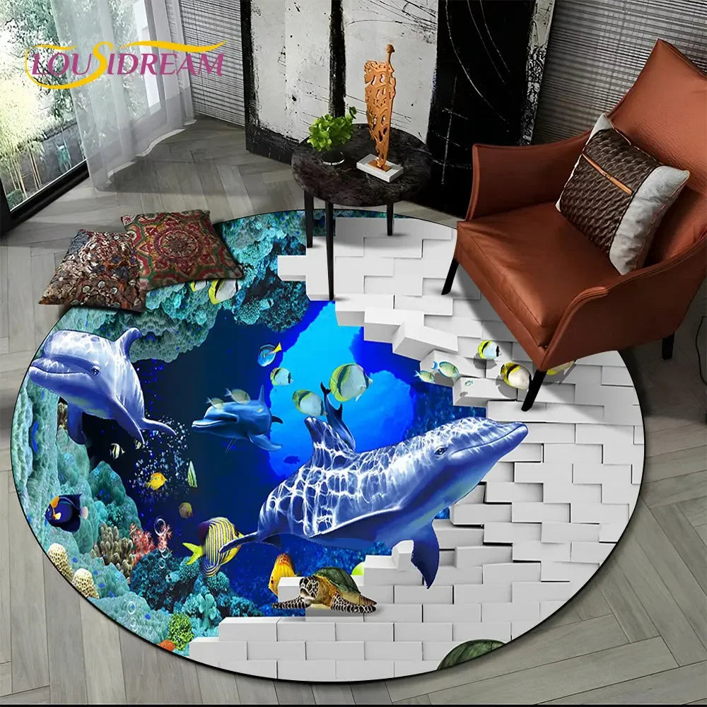 3D Seabed Illusion Underwater World Dolphin Round Area Rug