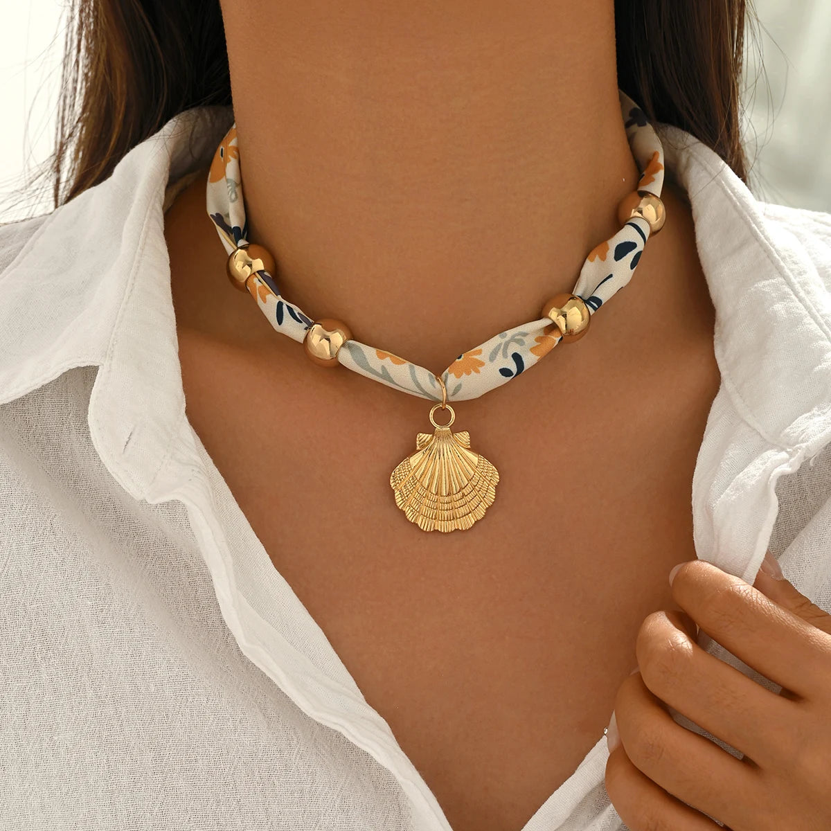 Boho Printed Fabric Choker Gold Starfish Shell Cowrie Necklace