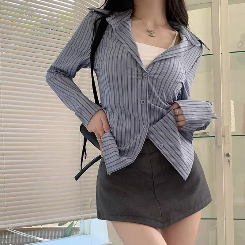 Striped Long Sleeve Jacket Slimming Shirt