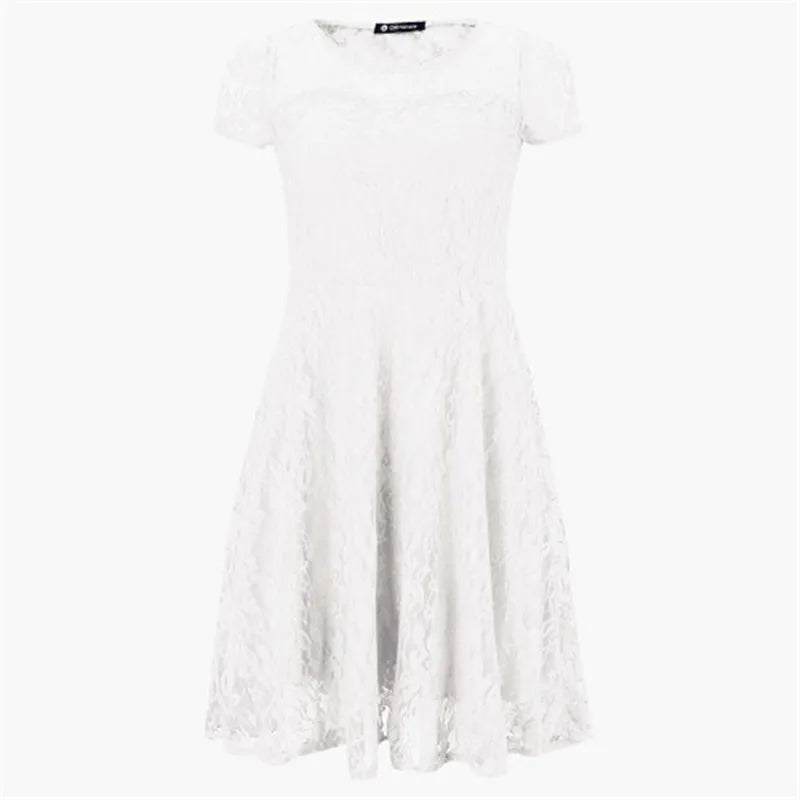 Sexy Floral Lace Round Neck Short Sleeve Vintage Slim Dress