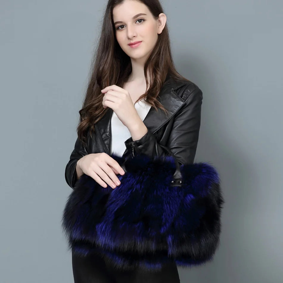 Real Fox Fur Large Size Plush Crossbody Luxury Handbags Fluffy Tote Bag