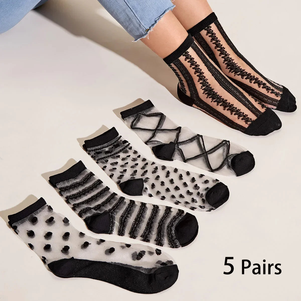 5 Pairs Lace Sexy Transparent Thin Socks