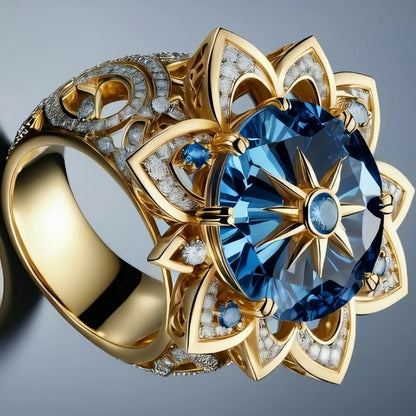 Luxury Blue Zircon Big Stone Round Sun Flower Vintage Gold Ring