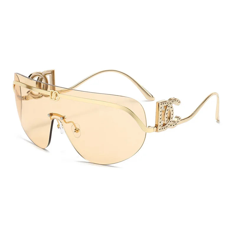 Rimless Shield Aviator Gold Metal Frame Sunglasses