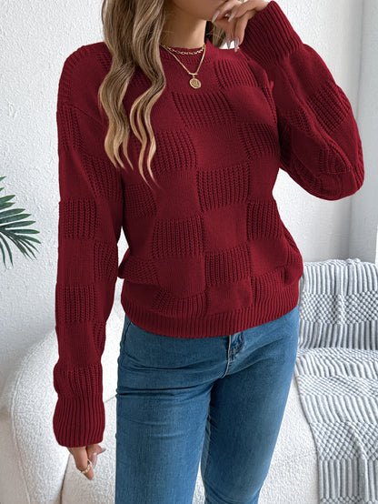 Solid Plaid Round Neck Long Sleeve Knit Cozy Sweaters