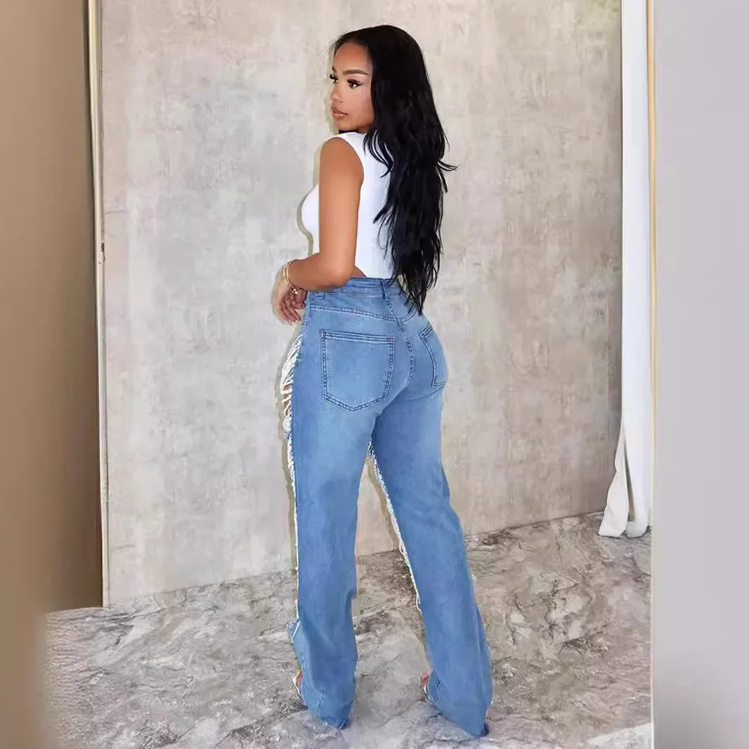 Ripped Straight Diamonds Chain Stretch High Waist Jeans Pants