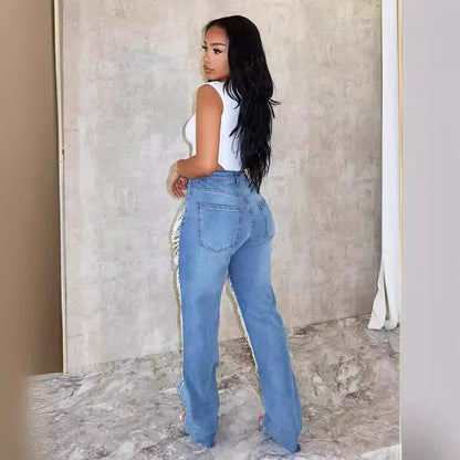 Ripped Straight Diamonds Chain Stretch High Waist Jeans Pants