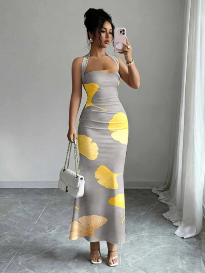 Hip-Hugging Sleeveless Long Collar Flowing Dress