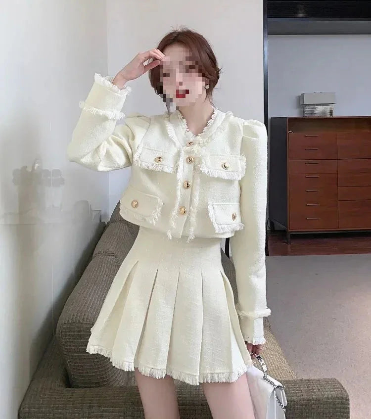 Elegant French Tweed Suit Jacket Skirt Set
