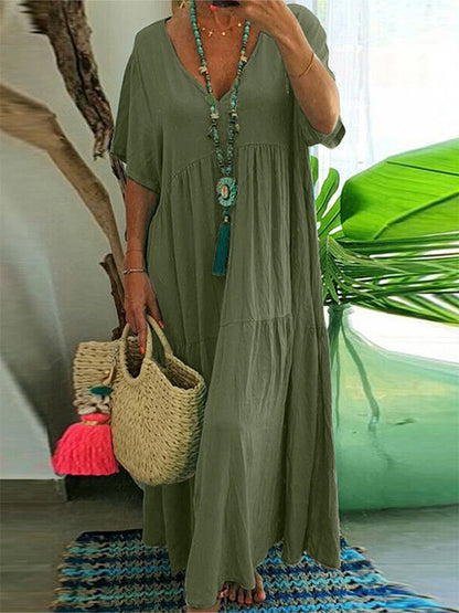 Plus Size Casual Loose V-Neck Solid Long Dress S